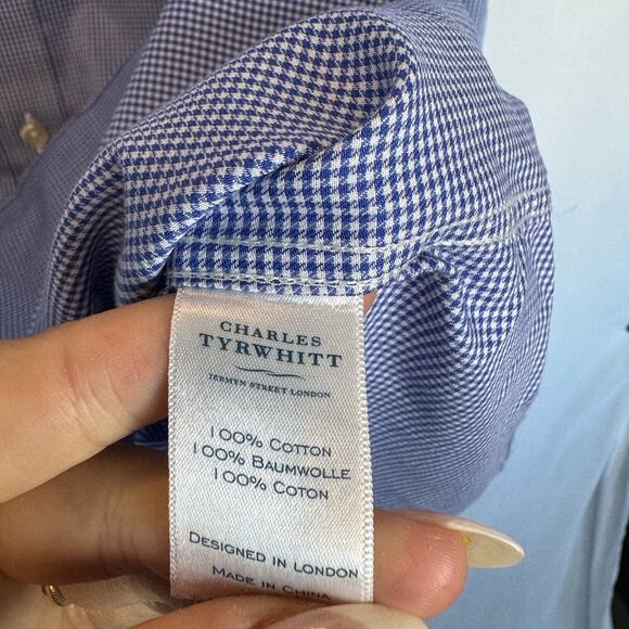 Charles Tyrwhitt Non Iron Classic Fit 17.5/34in Blue Houndstooth Dress Shirt - Picture 4 of 5